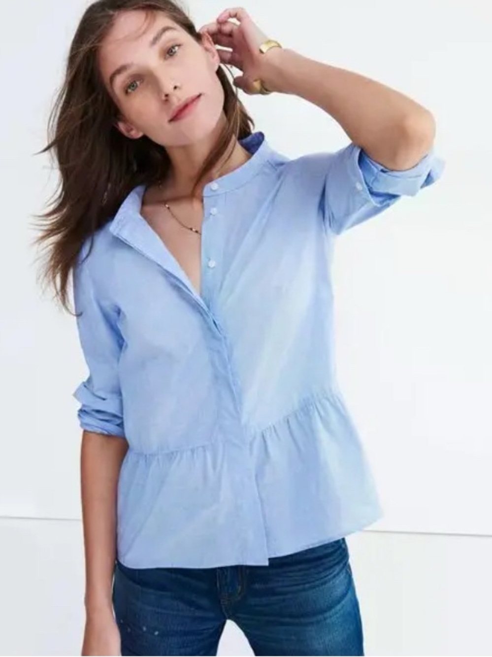 Madewell Lakeside Light Blue Button-Front Peplum Long Sleeve Blouse Sz XS